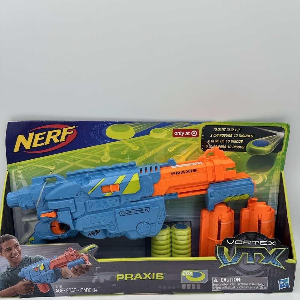 NEW 2017 NERF Vortex Praxis Disc Blaster Blue & Orange 20 Discs 2 Clips